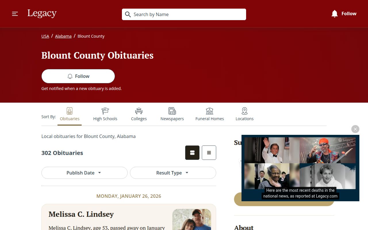 Blount County obituary search resources in Oneonta Alabama