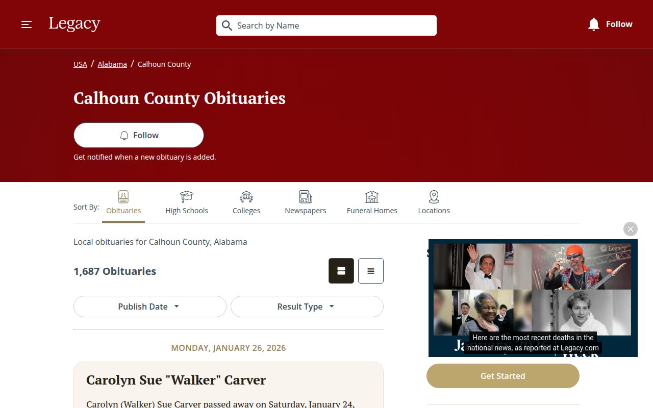 Calhoun County obituary search resources in Anniston Alabama