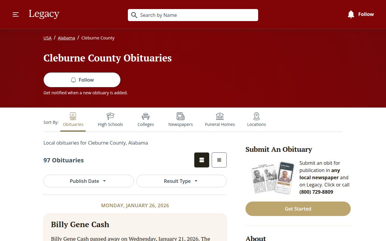 Cleburne County obituary search resources in Heflin Alabama