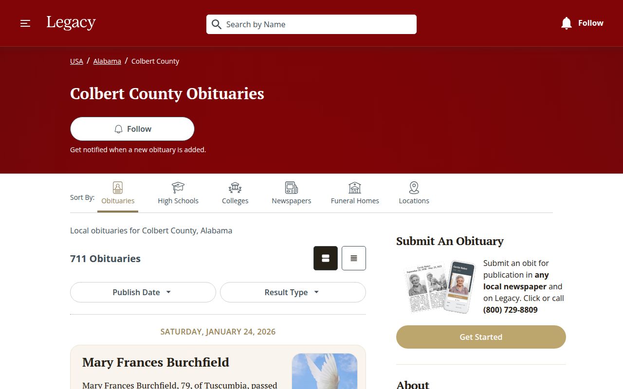 Colbert County obituary search resources in Tuscumbia Alabama