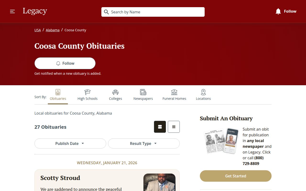 Coosa County obituary search resources in Rockford Alabama